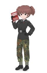 1girl absurdres alisa_(girls_und_panzer) black_cat03 black_footwear black_jacket book brown_eyes brown_hair camouflage camouflage_pants girls_und_panzer hand_on_own_hip highres holding holding_book jacket military_uniform nazi pants short_twintails smile the_turner_diaries twintails waffen-ss