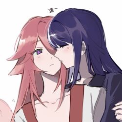2girls animal_ears chinese_commentary chinese_text closed_eyes closed_mouth commentary_request cropped fox_ears fox_girl genshin_impact multiple_girls nanami_(qihai66666) nuzzle pink_hair purple_eyes purple_hair raiden_shogun yae_miko yuri