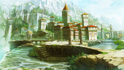 aquamary castle cliff cloud day flag gazebo no_humans original scenery sky stairs tree water waterfall
