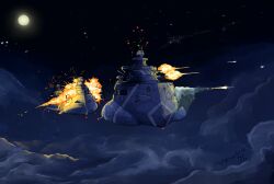 aircraft airship battle check_commentary cloud commentary_request cruiser destroyer explosion firing military military_vehicle naval_battle navy night no_humans original ship torasan_mama torpedo warship watercraft