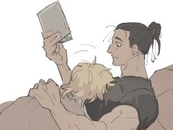 2boys badeni black_hair black_shirt blonde_hair book chi.:_chikyuu_no_undou_ni_tsuite cuddling hair_bun holding holding_book light_blush male_focus medium_hair multiple_boys muscular muscular_male oczy qpsk_6 reading shirt sketch under_covers upper_body white_background yaoi