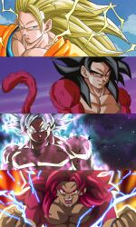 Rule 34 | absurdres, black hair, blonde hair, buraku black, dougi, dragon ball, dragon ball daima, dragon ball gt, dragon ball super, dragonball z, goku day, highres, long hair, looking at viewer, male focus, monkey boy, monkey tail, multiple boys, muscular, muscular male, open mouth, pectorals, saiyan, short hair, smile, son goku, spiked hair, super saiyan, super saiyan 3, super saiyan 4, tail, ultra instinct, wristband