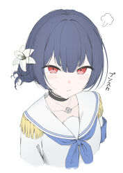 1girl :t absurdres amama_(pcnk4878) black_choker blue_hair blue_neckerchief blush choker commentary_request cropped_torso epaulettes flower hair_bun hair_flower hair_ornament highres idolmaster idolmaster_shiny_colors jewelry looking_at_viewer morino_rinze neckerchief necklace one_side_up pout puff_of_air red_eyes sailor_collar school_uniform serafuku simple_background single_hair_bun solo translation_request white_background white_sailor_collar white_serafuku