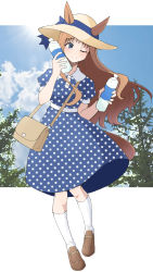 1girl alternate_costume animal_ears bag blue_dress blue_eyes bottle brown_footwear closed_mouth dress ears_through_headwear grass_wonder_(umamusume) handbag highres holding holding_bottle horse_ears horse_tail knees looking_at_viewer nel-c one_eye_closed outdoors polka_dot polka_dot_dress shoulder_bag sky smile socks solo tail umamusume underwear water_bottle white_socks