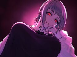 Rule 34 | 1girl, axio pt, black dress, chainsaw man, collared shirt, dress, earrings, fami (chainsaw man), fourth east high school uniform, from below, highres, jewelry, long sleeves, looking at viewer, mole, mole under eye, mole under mouth, multiple moles, purple hair, red eyes, ringed eyes, school uniform, shirt, solo, white shirt