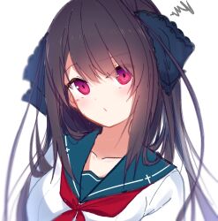 Rule 34 | 1girl, ao no kanata no four rhythm, black hair, black ribbon, blue sailor collar, blush, closed mouth, collarbone, commentary request, eyes visible through hair, furrowed brow, fuwa mochiri, hair between eyes, hair over shoulder, hair ribbon, highres, lace, lace-trimmed ribbon, lace trim, light frown, long hair, looking at viewer, neckerchief, red eyes, red neckerchief, ribbon, sailor collar, school uniform, serafuku, shirt, simple background, sketch, solo, squiggle, tobisawa misaki, upper body, white background, white shirt