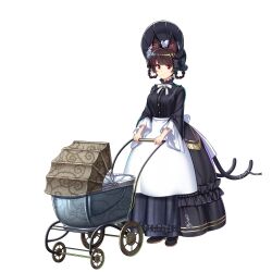 Rule 34 | 1girl, alternate eye color, alternate hair color, animal ear fluff, animal ears, apron, black dress, black footwear, black headwear, braid, breasts, brown eyes, brown hair, cat ears, cat tail, closed mouth, cradle, dress, full body, game cg, highres, kaenbyou rin, kaenbyou rin (the tiny queen&#039;s nursemaid), long sleeves, looking at viewer, maid, medium breasts, multiple tails, nekomata, rotte (1109), side braids, simple background, solo, tail, third-party source, touhou, touhou lostword, twin braids, two tails, white apron, white background