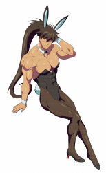 1boy abs absurdres animal_ears arm_up ashensol bara black_bow black_leotard black_pantyhose black_shoes bow brown_hair closed_mouth collarbone commentary_request covered_abs detached_collar frown full_body guilty_gear headband high_heels highres korean_commentary leotard long_hair looking_at_viewer male_focus male_playboy_bunny muscular muscular_male orange_eyes pantyhose pectoral_cleavage pectorals rabbit_ears red_headband shoes sol_badguy solo very_long_hair wrist_cuffs