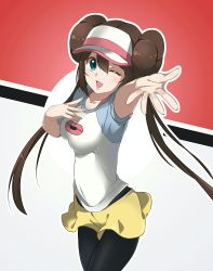 1girl black_pantyhose blue_eyes brown_hair collarbone female_focus hat highres long_hair looking_at_viewer nintendo one_eye_closed open_mouth pantyhose pokemon pokemon_bw2 rosa_(pokemon) shorts skirt solo surfing_orange twintails yellow_shorts yellow_skirt