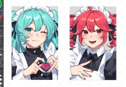 2girls :3 ahoge alternate_costume apron art_program_in_frame black_bow black_dress black_ribbon blue_eyes blue_hair blue_nails blush bow buttons closed_mouth commentary commentary_request dress drill_hair english_commentary enmaided fangs fingernails frilled_hairband frills grimruu hair_between_eyes hairband hand_on_own_chest hatsune_miku heart heart_hands kasane_teto maid multiple_girls neck_ribbon red_eyes red_hair red_nails ribbon teeth twin_drills twintails upper_body utau vocaloid white_apron