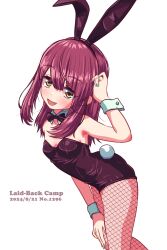 Rule 34 | 1girl, 2024, :d, animal ears, black bow, black bowtie, black hairband, black leotard, blue nails, bow, bowtie, breasts, cleavage, copyright name, dated, detached collar, fake animal ears, fake tail, fishnet pantyhose, fishnets, hairband, hand on own knee, highres, jagi (jagi souken), leaning forward, leotard, long hair, nail polish, open mouth, pantyhose, playboy bunny, rabbit ears, rabbit tail, red hair, simple background, small breasts, smile, solo, strapless, strapless leotard, tail, toki ayano, white background, white wrist cuffs, wing collar, wrist cuffs, yellow eyes, yurucamp