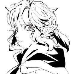 1boy bishounen cape closed_mouth commentary_request earrings from_side frown greyscale highres jewelry link long_pointy_ears looking_at_viewer male_focus monochrome nintendo parted_bangs piercing pointy_ears ponytail short_ponytail simple_background single_earring solo teto_ten the_legend_of_zelda the_legend_of_zelda:_breath_of_the_wild upper_body white_background