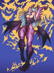1girl areola_slip arms_up bat_wings black_boots black_leotard blunt_bangs blush boots breasts covered_navel darkstalkers elbow_gloves full_body gloves green_eyes green_hair grin head_wings high_heel_boots high_heels highres jin_rou knee_boots large_breasts leotard lips long_hair morrigan_aensland non-web_source pantyhose parted_lips print_pantyhose purple_gloves purple_pantyhose smile solo wings