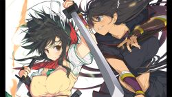 2girls absurdres asuka_(senran_kagura) aura black_hair black_sailor_collar black_shirt black_skirt breasts brown_eyes brown_gloves brown_vest covered_erect_nipples dark-skinned_female dark_skin dual_wielding fighting fingerless_gloves gloves green_eyes green_necktie hair_ribbon highres holding holding_sword holding_weapon homura_(senran_kagura) large_breasts long_hair looking_at_another midriff multiple_girls navel necktie non-web_source official_art ouroboros pillarboxed ponytail red_scarf ribbon sailor_collar scarf school_uniform senran_kagura senran_kagura_burst_re:newal serafuku shirt skirt sword tan vest weapon white_background white_ribbon white_shirt yaegashi_nan