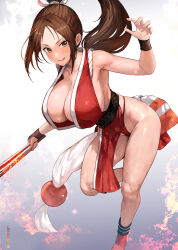 1girl absurdres arm_up breasts brown_eyes brown_hair cleavage fatal_fury floating_hair folding_fan hand_fan high_ponytail highres japanese_clothes large_breasts long_hair looking_at_viewer maro2ki3 motoyui obi panties parted_lips pelvic_curtain ponytail red_panties sash shiranui_mai smile solo street_fighter street_fighter_6 the_king_of_fighters underwear very_long_hair
