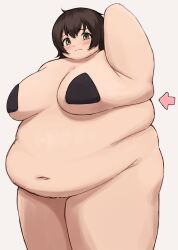 Rule 34 | 1girl, arm behind head, arm up, armpits, arrow (symbol), belly, big belly, black hair, blush, breasts, brown eyes, embarrassed, fat, fat rolls, fat woman, grey background, large breasts, naasan84181, navel, nude, obese, original, pasties, short hair, solo, standing, thick arms, thick thighs, thighs