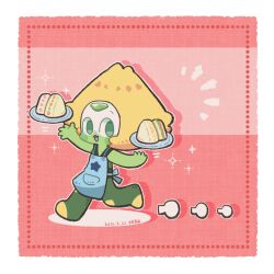 1girl apron blonde_hair blue_apron blush_stickers border colored_skin dated drop_shadow food forehead_jewel full_body green_eyes green_skin karin_(100100) open_mouth peridot_(steven_universe) plate running sandwich signature solo sparkle steven_universe white_border