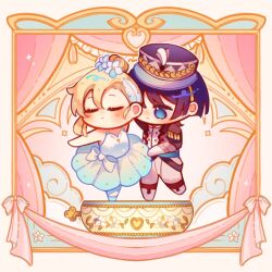 1boy 1girl aiguillette alphastroo alternate_costume alternate_hairstyle arm_up ballerina ballet_slippers blonde_hair blue_eyes blue_flower blue_hair blue_slippers blunt_ends blush border chibi closed_mouth curtains dancing dress epaulettes eyelashes facing_viewer flower genshin_impact gloves hair_between_eyes hair_bun hair_flower hair_ornament hair_pulled_back hat heart jacket looking_at_another lumine_(genshin_impact) military_hat military_uniform mini_hat mini_shako_cap multicolored_flower multicolored_hair open_clothes open_jacket ornate_border outstretched_arm pants purple_hair purple_hat purple_jacket scaramouche_(genshin_impact) shako_cap short_hair short_hair_with_long_locks sidelocks single_sidelock slippers standing standing_on_one_leg streaked_hair white_dress white_flower white_gloves white_pants white_undershirt winding_key wispy_bangs