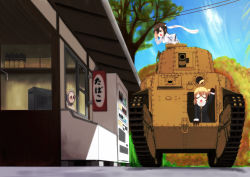 3girls ahoge blonde_hair breasts brown_eyes brown_hair candy_store caterpillar_tracks cloud coat day facing_viewer glasses goggles grey_hair headband highres house jacket long_hair military military_vehicle motor_vehicle multiple_girls open_mouth original outdoors refrigerator shop short_hair side_ponytail tank tank_shell television track_jacket translated tree type_89_i-gou vending_machine yellow_eyes zafuri_(yzrnegy)