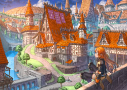 1girl architecture armor blue_eyes bridge bush cityscape cloud commentary dome elf fantasy female_focus fountain gloves greaves long_hair nagi_itsuki orange_hair original pointy_ears railing river road scenery shorts shorts_rolled_up sitting sitting_on_wall sky smile solo spire stairs thighhighs tree turtleneck wall water waterfall wind zettai_ryouiki