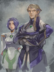 Rule 34 | 1boy, 1girl, artist name, bags under eyes, blue hair, breasts, brown hair, clenched hand, copyright name, crossed arms, dated, gloves, grey background, highres, kahran ramsus, lipstick, looking at viewer, makeup, mature male, medium breasts, miang hawwa, short hair, tetz-co, xenogears, yellow eyes