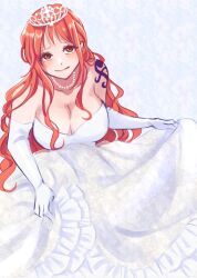 1girl arm_tattoo blush breasts cleavage closed_mouth cowboy_shot crown dress elbow_gloves eyelashes gloves highres jewelry ko_tori0 long_hair looking_at_viewer nami_(one_piece) necklace off-shoulder_dress off_shoulder one_piece orange_hair solo tattoo wedding_dress white_dress white_gloves
