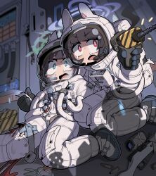 2girls absurdres animal_ear_headwear black_eyes blood blue_archive blue_eyes blue_halo bright_pupils bullet cable commission duct_tape fake_animal_ears green_halo gun halo helmet highres holding_power_drill injury miyu_(blue_archive) multiple_girls nosuk open_mouth power_drill rifle saki_(blue_archive) scared science_fiction scissors sitting space_helmet spacesuit tears weapon white_pupils