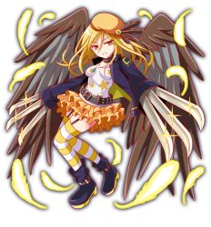 1girl amulet anime_coloring anklet aqua_gemstone artist_request belt belt_boots belt_buckle belt_collar beret black_belt black_boots black_collar black_feathers black_garter_straps black_sleeve_cuffs black_sleeves black_straps boots breasts brown_feathers brown_wings buckle closed_mouth collar crash_fever dot_nose dual_wielding eyelashes feathered_wings feathers frilled_skirt frills full_body game_cg garter_straps hair_between_eyes hat hat_feather high_collar holding horizontal-striped_thighhighs horus_(crash_fever) jacket jewelry layered_skirt leather leather_jacket long_hair looking_at_viewer medium_breasts miniskirt necklace number_print numbered official_art orange_hat orange_skirt outline print_shirt print_sleeves punk red_outline shirt simple_background skirt sleeve_cuffs sleeves_past_fingers sleeves_past_wrists smile solo square square_print star_(symbol) star_print straight_hair streetwear striped_clothes striped_thighhighs tachi-e teardrop-shaped_gem teeth thighhighs third-party_source transparent_background two-sided_fabric two-sided_jacket two-tone_wings very_long_sleeves weapon white_shirt white_thighhighs wings yellow_eyes yellow_feathers yellow_outline yellow_thighhighs