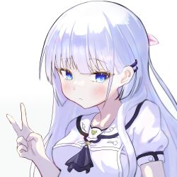 1girl absurdres ajft52o4jw30403 ascot blue_ascot blue_eyes blunt_bangs blunt_ends blush closed_mouth commentary_request eyelashes frown hair_behind_ear hand_up highres long_hair looking_at_viewer naruse_shiroha puffy_short_sleeves puffy_sleeves sailor_collar school_uniform serafuku shirt short_sleeves simple_background solo summer_pockets summer_pockets_school_uniform tsurime upper_body v white_background white_hair white_sailor_collar white_shirt