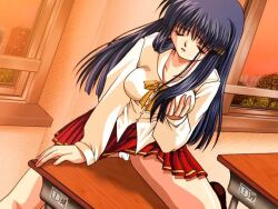 Rule 34 | 1girl, amasawa ikumi, blue hair, breasts, classroom, clothed masturbation, crotch rub, female masturbation, grabbing own breast, hinoue itaru, masturbation, moon (game), panties, solo, table humping, underwear, unifom