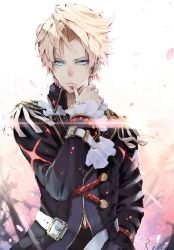 1boy arm_belt bad_id bad_pixiv_id blonde_hair blood blood_from_mouth blue_eyes coat earrings glint hand_in_pocket hand_up highres hoshizaki_reita jewelry long_sleeves looking_at_viewer male_focus original parted_lips petals pointy_ears signature solo vest wiping