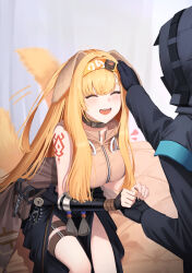 1girl 1other absurdres ambiguous_gender animal_ears arknights bare_shoulders black_jacket blonde_hair breasts brigid_(arknights) crop_top doctor_(arknights) dog_ears dog_girl gloves hair_intakes hairband headpat highres hood hood_up hooded_coat jacket kimsuwan2013 large_breasts long_hair long_sleeves open_mouth sleeveless smile tail tail_wagging tattoo