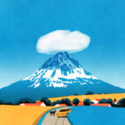 animal blue_sky building car cloud day goat highres house iida_kento motor_vehicle mountain no_humans original outdoors scenery sky tree urban yellow_car