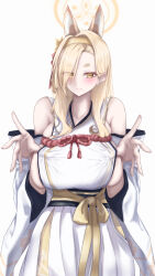 1girl animal_ears blonde_hair blue_archive breasts commentary_request cowboy_shot detached_sleeves extra_ears eyes_visible_through_hair fingernails fox_ears fox_girl hair_over_one_eye hairband hakama halo highres japanese_clothes kaho_(blue_archive) kobazakura_mikoto large_breasts long_hair looking_at_viewer mole mole_under_mouth partial_commentary ribbon sideboob sideless_kimono simple_background smile solo white_background white_hakama white_sleeves yellow_eyes yellow_hairband yellow_ribbon