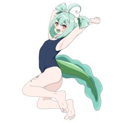 1girl 2025 action ahoge arms_up barefoot blush breasts dokogero flat_chest frog_girl frog_tail green_hair indie_virtual_youtuber jumping loli mayoineko_0915 one-piece_swimsuit rebbi_rompin sitting small_breasts swimsuit white_background