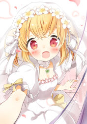 1girl anne_happy blonde_hair blush bow bridal_veil clover detached_collar dress earrings four-leaf_clover hair_ribbon hanakoizumi_an highres ichiyo12 jewelry looking_at_viewer medium_hair open_mouth pearl_earrings petals puffy_short_sleeves puffy_sleeves red_eyes ribbon ring short_sleeves smile veil wedding_dress wedding_ring white_dress white_ribbon yellow_bow