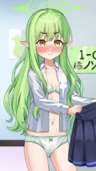 1girl :i absurdres animal_print black_skirt blue_archive blush bow bow_panties bra breasts collared_shirt commentary_request cowboy_shot green_bra green_hair green_halo green_panties halo happycloud highres hikari_(blue_archive) holding holding_unworn_clothes holding_unworn_skirt long_hair long_sleeves looking_at_viewer navel no_pants nose_blush open_clothes open_shirt panties pleated_skirt pointy_ears pout rabbit_print shirt sidelocks skirt small_breasts solo standing underwear unworn_skirt white_shirt yellow_eyes