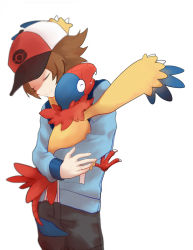 1boy affectionate archen belt_buckle blackspade blue_jacket blurry brown_hair buckle closed_eyes closed_mouth commentary_request creatures_(company) game_freak gen_5_pokemon grey_pants hat hilbert_(pokemon) holding holding_pokemon jacket long_sleeves male_focus nintendo pants pokemon pokemon_(creature) pokemon_bw red_headwear short_hair simple_background smile white_background