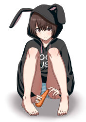 1girl absurdres animal_ear_hood animal_ears barefoot black_hoodie brown_eyes brown_hair carrot fake_animal_ears highres hood hoodie knees_up no_pants original panties rabbit_ears short_hair sitting solo striped_clothes striped_panties tuskryo underwear white_background