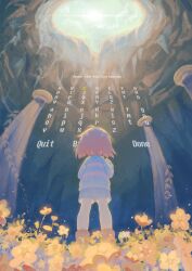 Rule 34 | 1other, absurdres, ahoge, ankle boots, backlighting, blue jacket, blue shorts, blue sky, blunt ends, bob cut, boots, brown boots, brown hair, commentary, day, english commentary, english text, field, film grain, flower, flower field, frisk (undertale), from behind, from below, full body, gameplay mechanics, highres, jacket, kiriyume, leaf, legs apart, long sleeves, other focus, outdoors, pillar, pink shirt, plant, shirt, short hair, shorts, sky, solo, standing, striped clothes, striped shirt, sun, twitter username, two-tone shirt, undertale, vines, yellow flower
