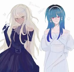 2girls alternate_costume alternate_hairstyle amemiya_darumi bare_shoulders belt black_dress black_hair blonde_hair blue_hair brown_eyes dark-skinned_female dark_skin dress earrings elbow_gloves gloves hair_down headband highres jewelry kawana_tsubasa long_hair looking_at_viewer microphone multicolored_hair multiple_girls pink_eyes roots_(hair) star_(symbol) strapless strapless_dress the_hundred_line_-last_defense_academy- white_background white_dress