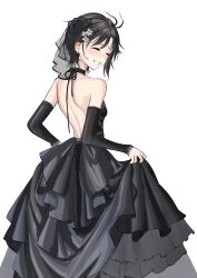 1girl absurdres aburi-gatana antenna_hair bare_shoulders black_choker black_dress black_hair black_ribbon blush breasts choker closed_eyes commentary_request cowboy_shot detached_sleeves dress ear_piercing embarrassed eyelashes facing_back flower frilled_dress frills from_behind furrowed_brow grin hair_flower hair_ornament highres idolmaster idolmaster_(classic) idolmaster_million_live! idolmaster_million_live!_theater_days kikuchi_makoto median_furrow messy_hair nose_blush open_mouth parted_bangs piercing ribbon short_hair shoulder_blades single_sidelock skirt_hold small_breasts smile solo sweatdrop teeth white_background