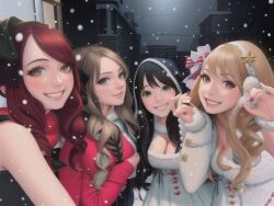 4girls aldious_(band) black_hair blonde_hair blue_eyes breasts brown_eyes brown_hair cleavage dress grin heavy_metal large_breasts long_hair looking_at_viewer marina medium_breasts merry_christmas multiple_girls red_dress red_hair sawa smile snow tagme toki white_dress yoshi