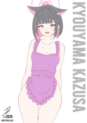 1girl :d absurdres alternate_costume animal_ears apron arms_behind_back bare_shoulders black_hair blue_archive blunt_bangs blunt_ends blush bob_cut breasts bright_pupils cat_ears cat_girl character_name cleavage collarbone colored_inner_animal_ears colored_inner_hair commentary cowboy_shot extra_ears frilled_apron frills hair_behind_ear halo highres kazusa_(blue_archive) looking_at_viewer medium_breasts multicolored_hair naked_apron open_mouth pink_hair pink_halo purple_apron realen red_eyes short_hair signature simple_background smile solo straight_hair thigh_gap thighs twitter_username two-tone_hair white_background