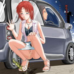 00s 1boy 1girl alessandro_ricci anus beard black_eyes black_shirt black_skirt blush breasts brown_hair car cleavage closed_eyes collarbone cross cross_necklace facial_hair gunslinger_girl hand_on_own_knee high_heels homare_(suzu_no_oka) jewelry medium_breasts midriff motor_vehicle necklace night open_mouth open_shoes panties panty_pull peeing petrushka pink_vest puddle pussy red_hair shirt shoes short_hair skirt sky squatting star_(sky) starry_sky uncensored underwear vest white_footwear white_panties