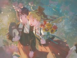 1girl absurdres character_request flower gakuen_alice gensou_getsumen_rt highres looking_at_another own_hands_together pink_flower red_flower sakura_mikan school_uniform solo stuffed_toy sunflower yellow_flower