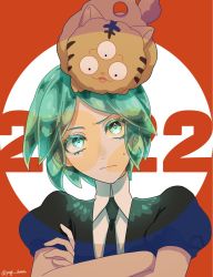 &gt;:( 1other :3 androgynous animal animal_on_head aqua_eyes aqua_hair collared_shirt colored_eyelashes crossed_arms dated dog dog_on_head ears_visible_through_hair extra_eyes eyelashes frown gem_uniform_(houseki_no_kuni) high_collar highres houseki_no_kuni looking_up necktie on_head phosphophyllite raised_eyebrow shiro_(houseki_no_kuni) shirt smile sweatdrop tsuki_jin v-shaped_eyebrows yagi_hara year