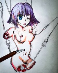1girl 2023 abortion amputee blood blue_eyes character_request cutting dismemberment ero_guro guro hooked mutilation nude one_eye_closed original purple_hair quadruple_amputee seppukumaid short_hair solo suspension wink