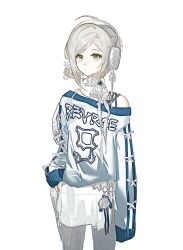 1girl alternate_costume blue_sweater cowboy_shot grey_eyes grey_hair grey_pants hair_bun headphones highres light176 looking_at_viewer pants reverse:1999 short_hair single_off_shoulder single_side_bun solo sweater vertin_(reverse:1999) white_background