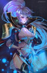 1girl absurdres armor artist_name book breasts commentary_request dated fire_emblem fire_emblem:_genealogy_of_the_holy_war fire_emblem_heroes high_ponytail highres holding holding_book ishtar_(fire_emblem) ishtar_(resplendent)_(fire_emblem) large_breasts magic nintendo official_alternate_costume open_book parted_lips pauldrons pink_lips ponytail purple_eyes purple_hair shoulder_armor signature solo standing yeeej